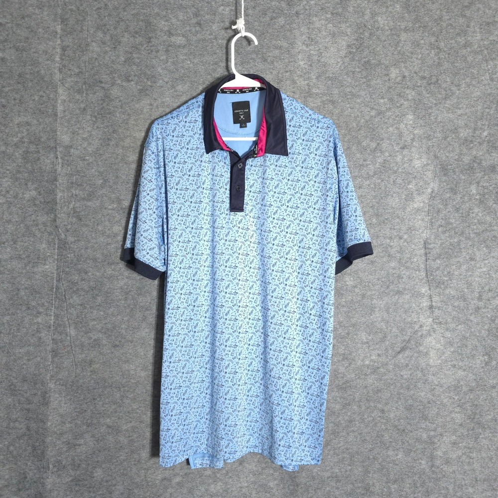 Kenneth Cole Golf Polo Mens Large Blue Golf Cart Print Performance Stretch Shirt